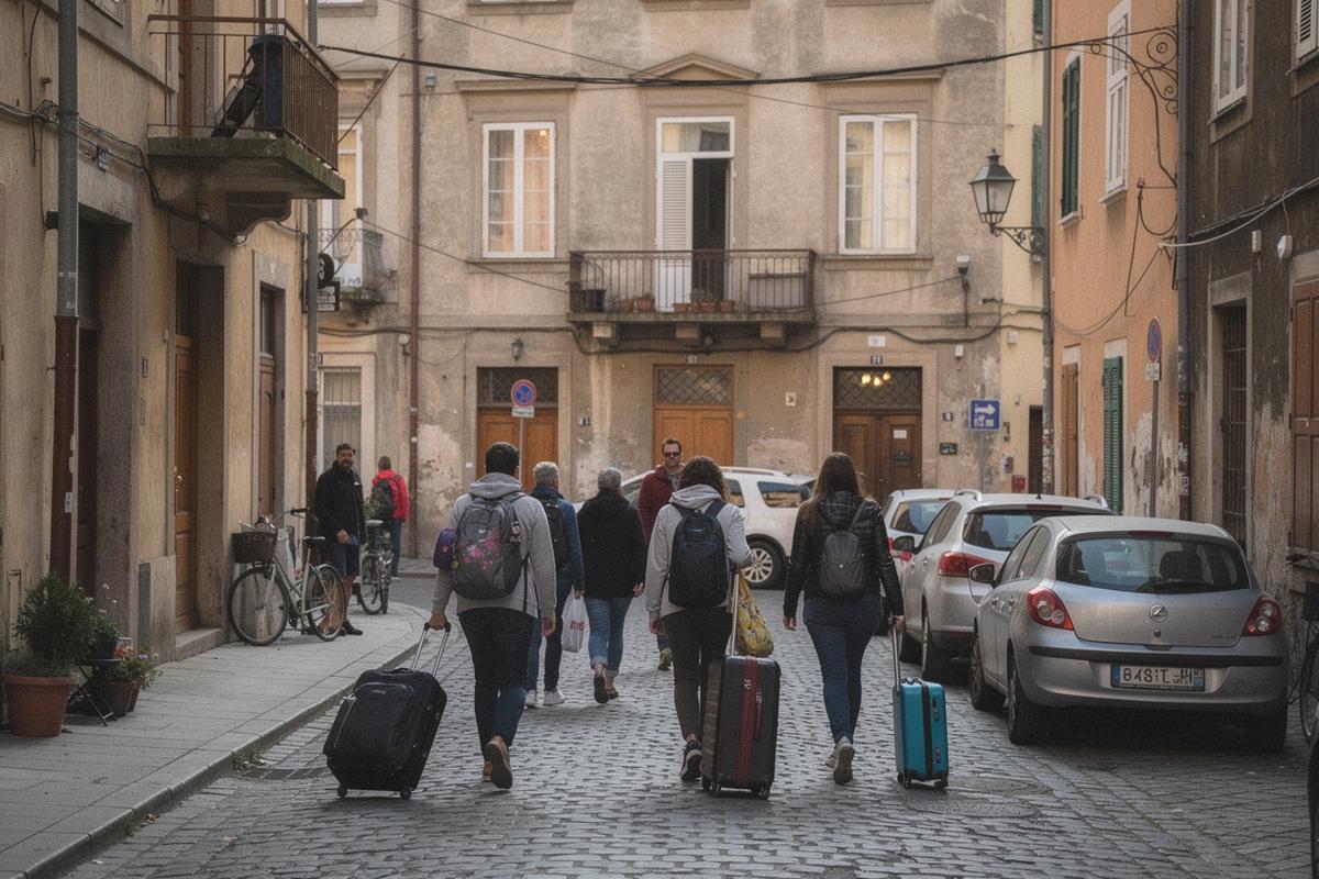 Travelers walking through an old European city street